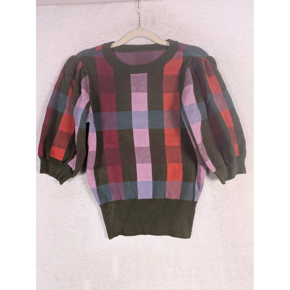 Plaid Sweater Women's Small Olive Pink Red Puff Sleeve Colorblock